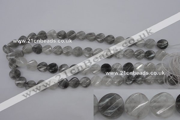 CCQ272 15.5 inches 12mm faceted & twisted coin cloudy quartz beads