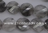 CCQ273 15.5 inches 15mm faceted & twisted coin cloudy quartz beads