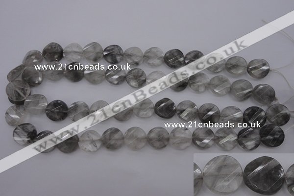 CCQ273 15.5 inches 15mm faceted & twisted coin cloudy quartz beads