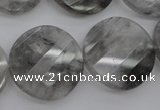 CCQ275 15.5 inches 25mm faceted & twisted coin cloudy quartz beads