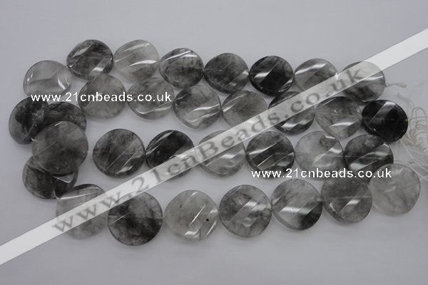 CCQ275 15.5 inches 25mm faceted & twisted coin cloudy quartz beads