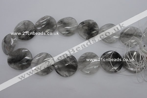 CCQ276 15.5 inches 30mm faceted & twisted coin cloudy quartz beads