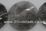 CCQ277 15.5 inches 40mm faceted & twisted coin cloudy quartz beads