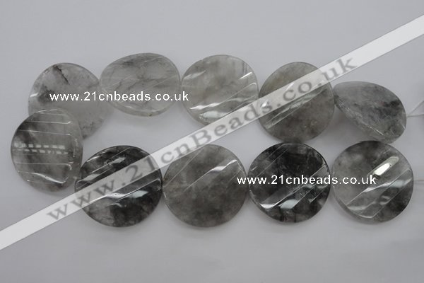 CCQ277 15.5 inches 40mm faceted & twisted coin cloudy quartz beads