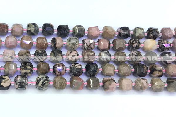 CCU1302 15 inches 9mm - 10mm faceted cube rhodonite beads