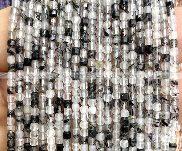 CCU1611 15 inches 2.5mm faceted cube black rutilated quartz beads