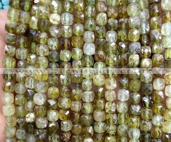 CCU1858 15 inches 4mm faceted cube green garnet gemstone beads