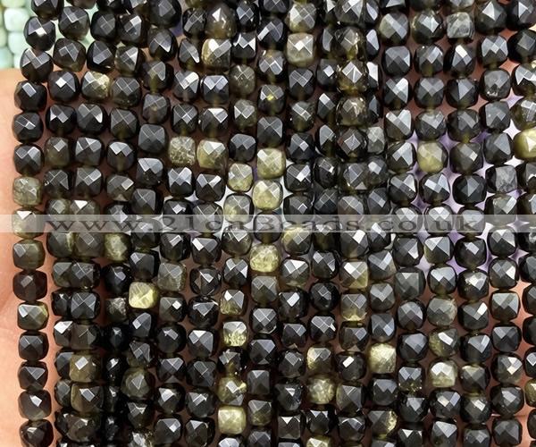 CCU1918 15 inches 4mm faceted cube golden obsidian beads
