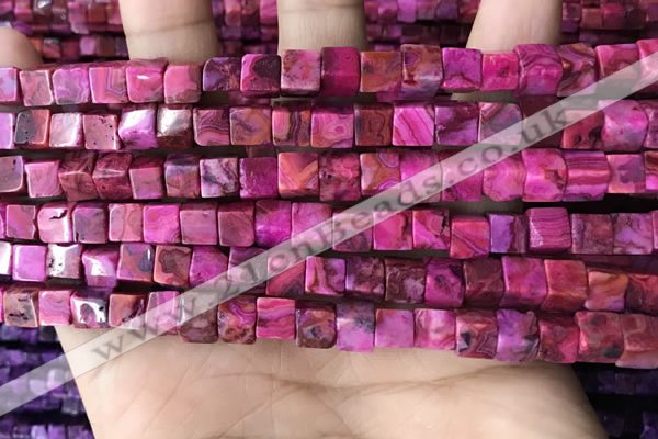 CCU485 15.5 inches 6*6mm cube fuchsia crazy lace agate beads