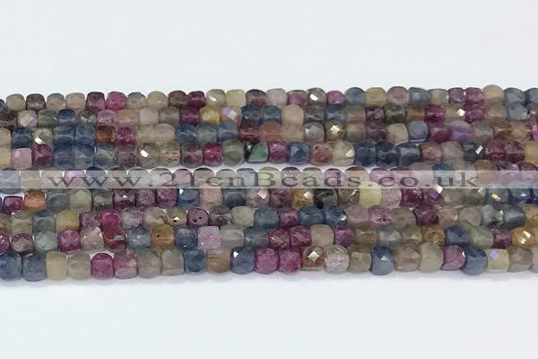 CCU841 15 inches 4mm faceted cube ruby sapphire beads
