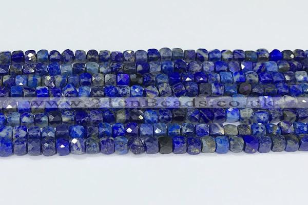 CCU854 15 inches 4mm faceted cube lapis lazuli beads
