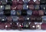 CCU890 15 inches 4mm faceted cube ruby sapphire beads