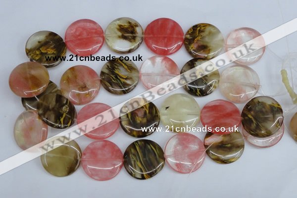 CCY214 15.5 inches 30mm flat round volcano cherry quartz beads