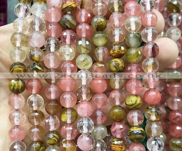 CCY694 15 inches 8mm faceted round volcano cherry quartz beads