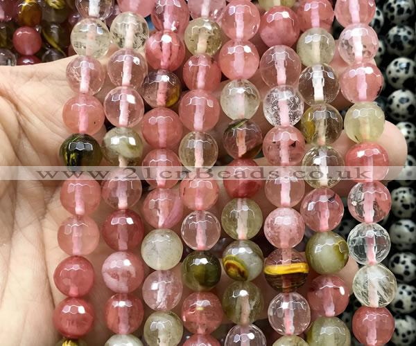 CCY695 15 inches 10mm faceted round volcano cherry quartz beads
