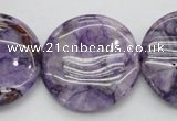 CDA317 15.5 inches 30mm flat round dyed dogtooth amethyst beads