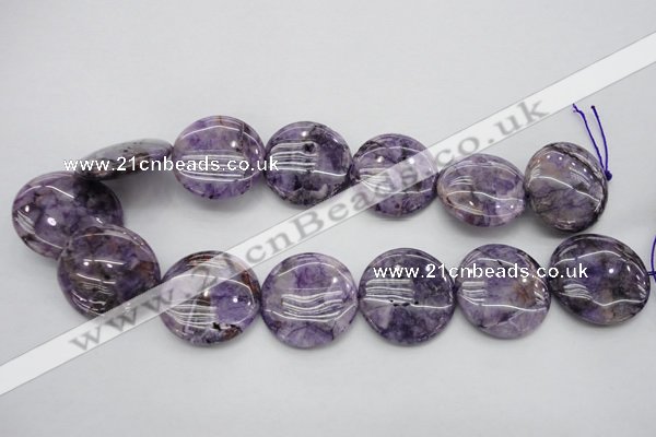 CDA317 15.5 inches 30mm flat round dyed dogtooth amethyst beads