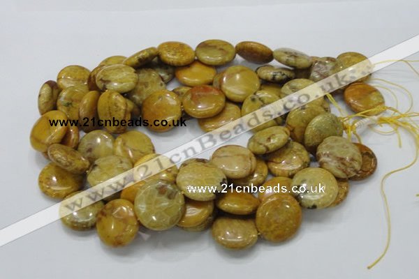 CFA44 15.5 inches 25mm flat round yellow chrysanthemum agate beads