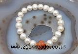 CFB1017 9mm - 10mm potato white freshwater pearl & fire agate stretchy bracelet