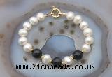 CFB1057 Hand-knotted 9mm - 10mm potato white freshwater pearl & black obsidian bracelet