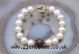CFB1059 Hand-knotted 9mm - 10mm potato white freshwater pearl & mahogany obsidian bracelet