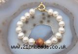 CFB1068 Hand-knotted 9mm - 10mm potato white freshwater pearl & picasso jasper bracelet