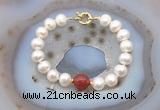 CFB1078 Hand-knotted 9mm - 10mm potato white freshwater pearl & red agate bracelet