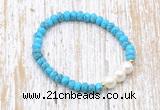 CFB704 faceted rondelle turquoise & potato white freshwater pearl stretchy bracelet