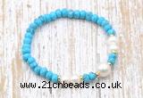 CFB705 faceted rondelle turquoise & potato white freshwater pearl stretchy bracelet