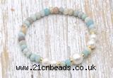 CFB708 faceted rondelle amazonite & potato white freshwater pearl stretchy bracelet