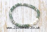 CFB716 faceted rondelle Qinghai jade & potato white freshwater pearl stretchy bracelet