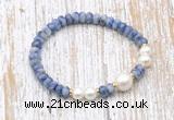 CFB720 faceted rondelle blue spot stone & potato white freshwater pearl stretchy bracelet