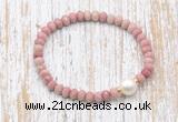 CFB727 faceted rondelle pink wooden jasper & potato white freshwater pearl stretchy bracelet