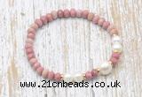 CFB729 faceted rondelle pink wooden jasper & potato white freshwater pearl stretchy bracelet