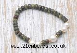 CFB744 faceted rondelle dragon blood jasper & potato white freshwater pearl stretchy bracelet