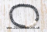 CFB752 faceted rondelle black labradorite & potato white freshwater pearl stretchy bracelet