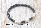 CFB753 faceted rondelle black labradorite & potato white freshwater pearl stretchy bracelet