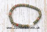 CFB757 faceted rondelle unakite & potato white freshwater pearl stretchy bracelet