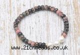 CFB764 faceted rondelle rhodonite & potato white freshwater pearl stretchy bracelet