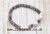 CFB765 faceted rondelle rhodonite & potato white freshwater pearl stretchy bracelet