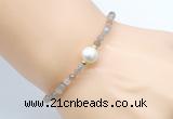 CFB803 4mm faceted round rainbow moonstone & potato white freshwater pearl bracelet