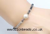 CFB811 4mm faceted round black rutilated quartz & potato white freshwater pearl bracelet