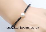 CFB825 4mm faceted round black tourmaline & potato white freshwater pearl bracelet