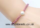 CFB842 4mm faceted round pink wooden jasper & potato white freshwater pearl bracelet