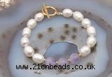 CFB905 Hand-knotted 9mm - 10mm rice white freshwater pearl & lavender amethyst bracelet