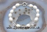 CFB908 Hand-knotted 9mm - 10mm rice white freshwater pearl & white crystal bracelet