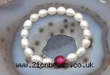 CFB916 9mm - 10mm rice white freshwater pearl & red tiger eye stretchy bracelet