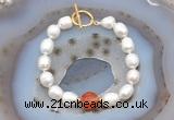 CFB921 Hand-knotted 9mm - 10mm rice white freshwater pearl & red banded agate bracelet