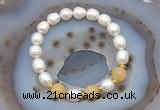 CFB928 9mm - 10mm rice white freshwater pearl & honey jade stretchy bracelet