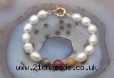 CFB949 Hand-knotted 9mm - 10mm rice white freshwater pearl & picasso jasper bracelet